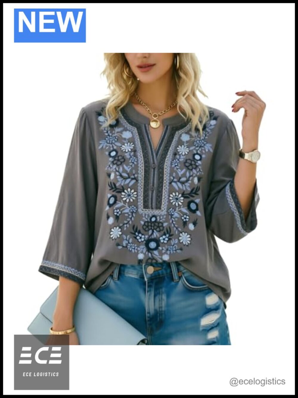 Higustar Embroidered Mexican Peasant Top Women's V-Neck 3/4 Sleeve Boho Blouse